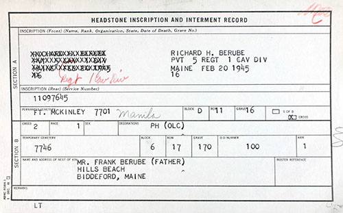 Richard H. Berube Grave Marker Application Richard H. Berube Grave Marker Application