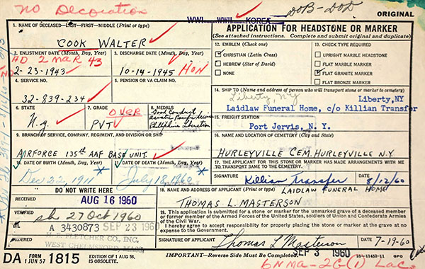 Walter Cook Grave marker application Walter Cook Grave Marker Application