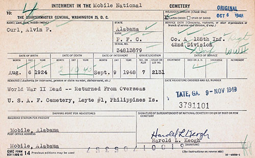 Alvin P. Curl Burial Record Alvin P. Curl Burial Record