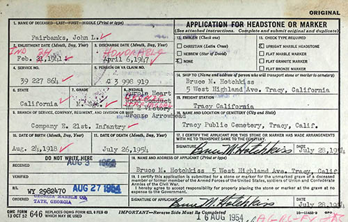 John L. Fairbanks Grave Marker Application John L. Fairbanks Grave Marker Application