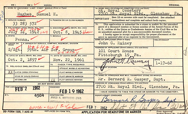 Samuel H. Hughes Grave Marker Application Samuel H. Hughes Grave Marker Application