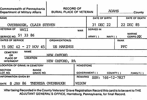 Clair S. Overbaugh Veteran Burial Card Clair S. Overbaugh Veteran Burial Card