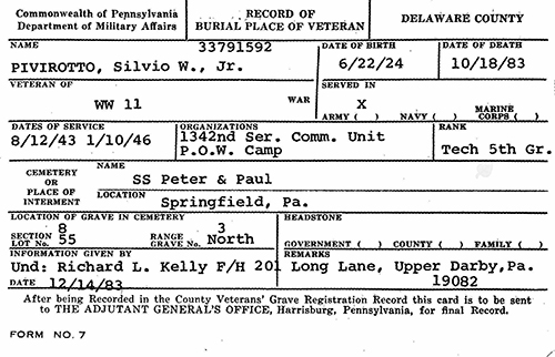 Silvio W. Pivirotto, PA Burial Record Silvio W. Pivirotto, PA Burial Record