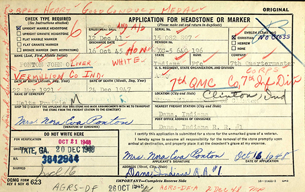 John O. Ponton Grave marker Application John O. Ponton Grave Marker Application