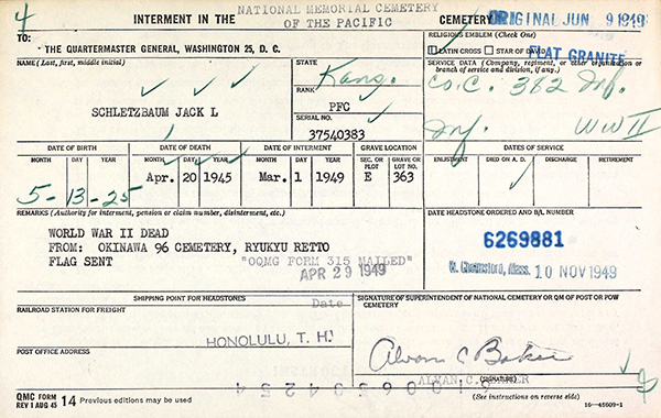 Jack L. Schletzbaum Grave Application Jack L. Schletzbaum Grave Application