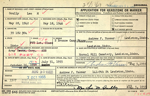 Leo M. Scully Grave marker Application Leo M. Scully Grave Marker Application