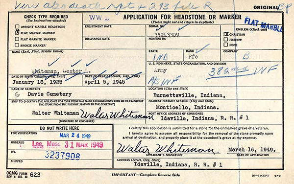 Lester L. Whiteman Grave Marker Application Lester L. Whiteman Grave Marker Application