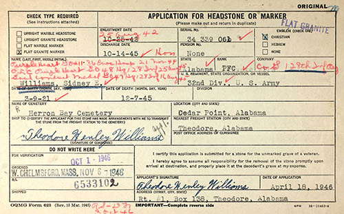 Sidney E. Williams Grave Marker Application Sidney E. Williams Grave Marker Application