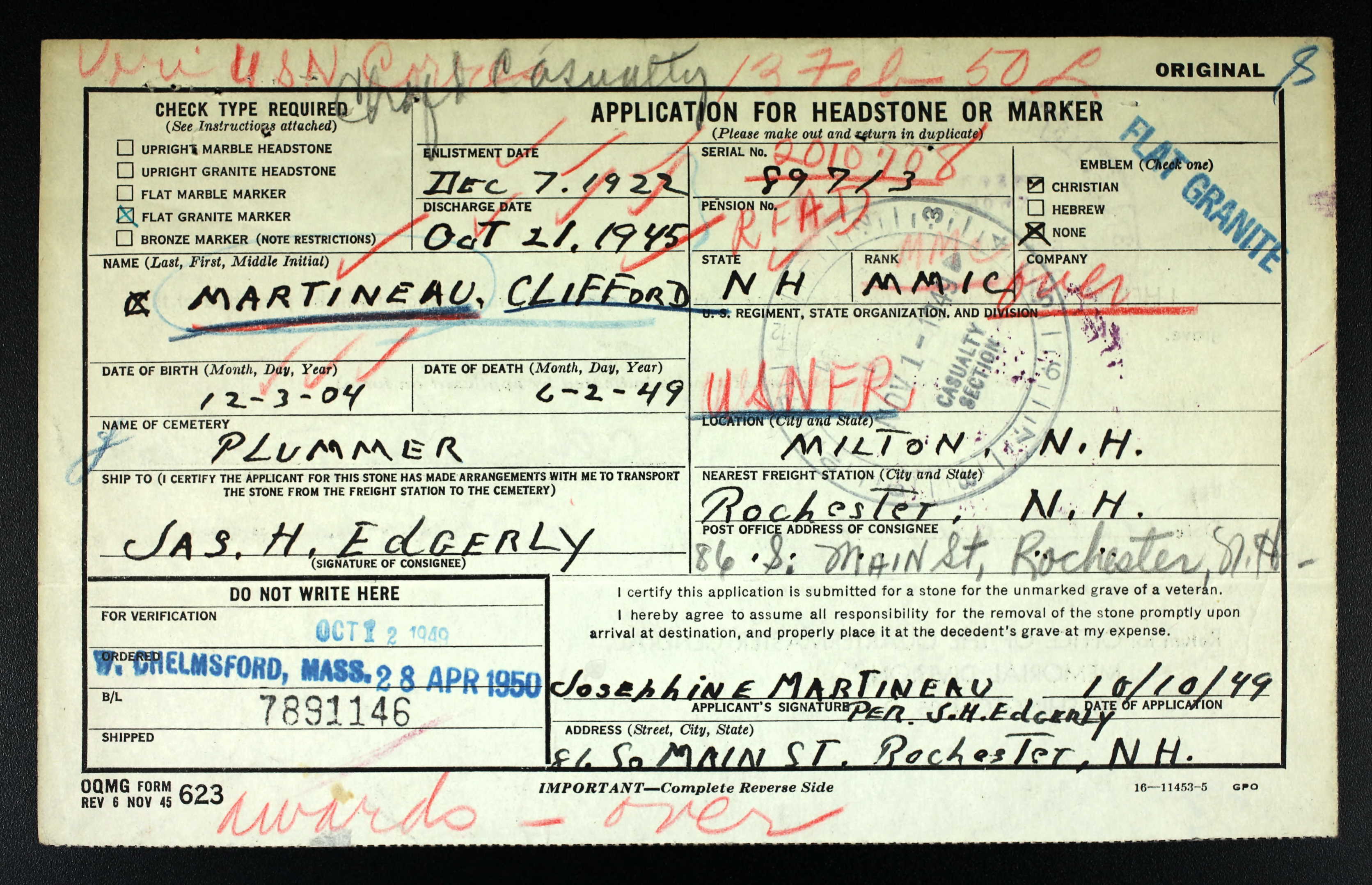 Grave Marker Order Form Clifford Martineau Grave Marker Order Form Clifford Martineau
